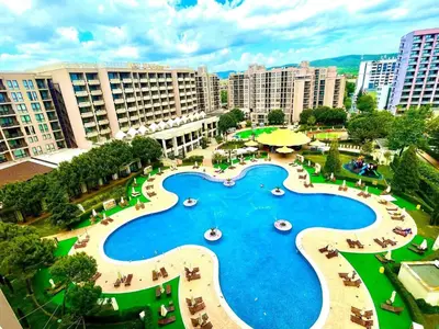 an aerial view of a resort with a large swimming pool at Z-apartment in Sunny Beach