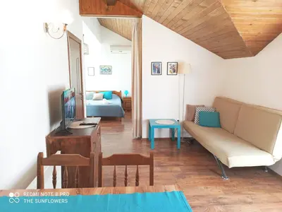 a living room with a couch and a tv at Guest House Sunflowers in Pomorie