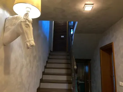 a horse head on a wall next to a staircase at GoodRest Sozopol in Sozopol