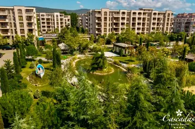 an aerial view of a park with trees and buildings at Студио Каскадас К34 in Sunny Beach