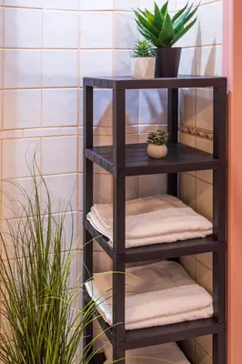 a shelf with towels and plants in a bathroom at The Cozy Hub, Varna in Varna City