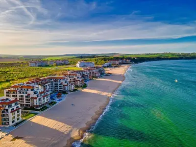 an aerial view of a beach and the ocean at Apartments Obzor Beach B - Апартаменти Обзор Бийч B in Obzor
