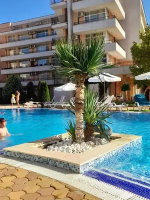 a palm tree in the middle of a swimming pool at Top Studio in Big Kamelia Holiday Complex Sunny Beach in Sunny Beach