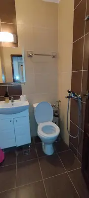 a bathroom with a toilet and a sink at Anchors Guest House in Sozopol