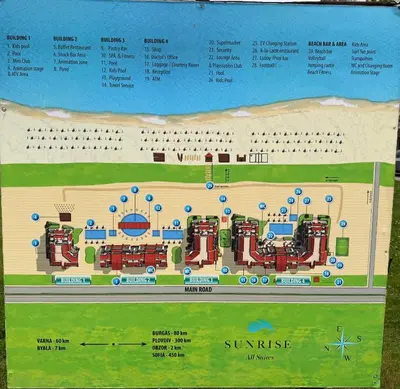 a map of the sun rise resort with a diagram at Сънрайз Данаилов in Obzor