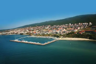 an aerial view of a harbor with a city at HORIZON 13 'A' APARTMENT Sveti Vlas in Sveti Vlas