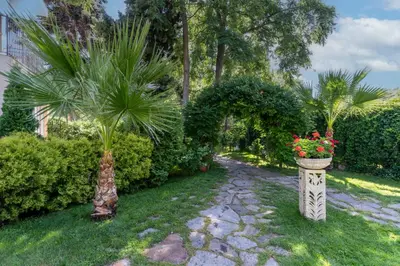 a garden with two palm trees and flowers in a vase at Hotel Riva - All Inclusive in Sunny Beach