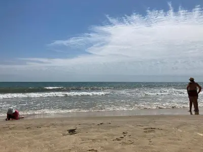 a man standing on the beach looking at the ocean at Oasis2 in Nesebar