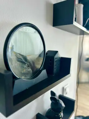 a mirror on a shelf with a bird in it at Karolina Apartment 65 in Sunny Beach