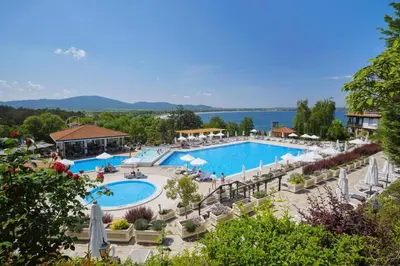 a view of the pool at a resort at Sozopol Santa Marina Sea View Studio in Sozopol