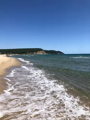 a beach with the ocean and a hill in the background at Къща Виктория in Banya