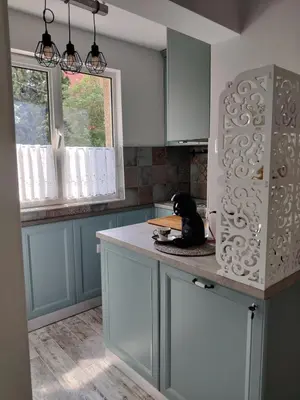 a kitchen with a cat sitting on a counter at Apartment Bellissima 2 minutes away from the beach in Nesebar