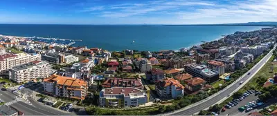 an aerial view of a city next to the ocean at HORIZON 28 'В' Apartment Sveti Vlas in Sveti Vlas