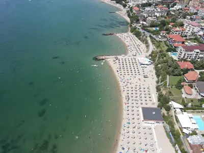 an aerial view of a beach with a resort at HORIZON 26 'В' Apartment Sveti Vlas in Sveti Vlas