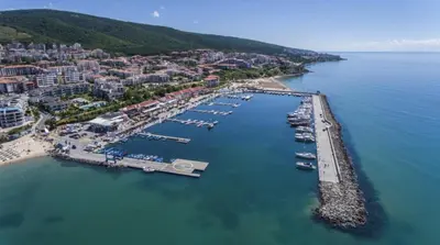 an aerial view of a harbor with boats in the water at HORIZON 9 'В' Apartment Sveti Vlas in Sveti Vlas