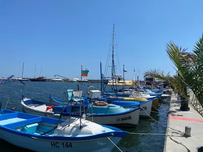 a group of boats docked in a harbor at HORIZON 9 'В' Apartment Sveti Vlas in Sveti Vlas