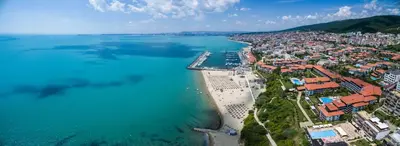 an aerial view of a city and the ocean at HORIZON 6 'A' Apartment Sveti Vlas in Sveti Vlas