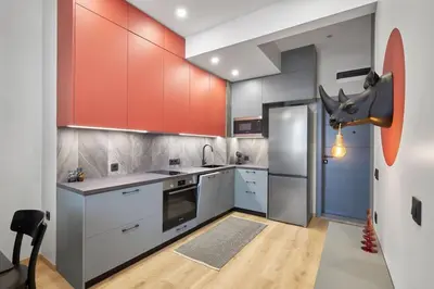 a kitchen with red cabinets and a shark head on the wall at Sea Moreto Apartment 2 in Burgas City
