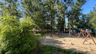 a playground in a park with a tree at Studio/free yoga&aqua aerobic in Sunny Beach