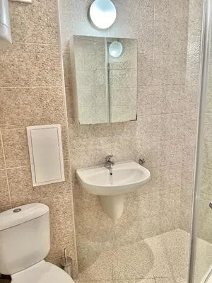 a bathroom with a sink and a toilet and a mirror at Varna Top Center 1 in Varna City