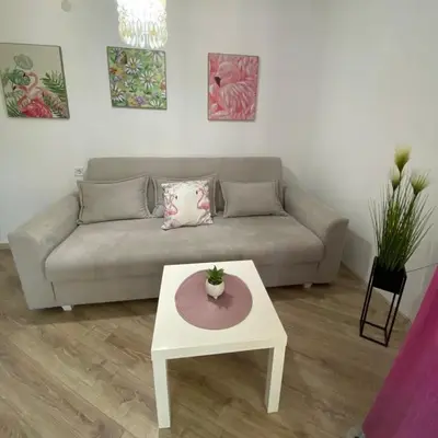 a living room with a couch and a table at Апартамент за гости ДЕНИЦА in Obzor