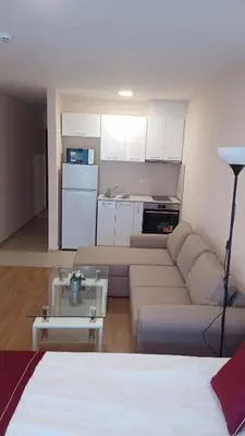 a living room with a couch and a table at Premier Lux apartmán in Sveti Vlas