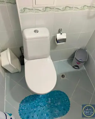 a bathroom with a white toilet and a blue rug at Scenic, 2 Bedroom Apt with Views in Kableshkovo