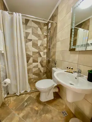 a bathroom with a toilet and a sink and a shower at K&K Sunset in Burgas City
