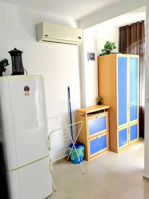 a kitchen with a white refrigerator and a wooden cabinet at Apartament Morela in Sunny Beach