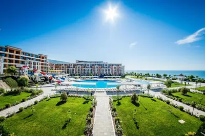 an aerial view of a resort with a swimming pool at Sea View Premier Fort Beach Sveti Vlas in Sunny Beach