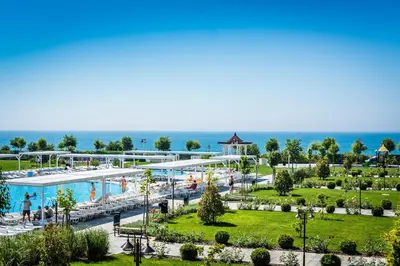 an aerial view of a resort with a swimming pool at Sea View Premier Fort Beach Sveti Vlas in Sunny Beach