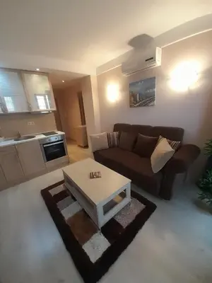 a living room with a couch and a coffee table at 2 Room Apartment Harmony Suites Komplex in Sunny Beach
