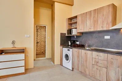 a kitchen with wooden cabinets and a washer and dryer at Апартамент Пенека in Pomorie