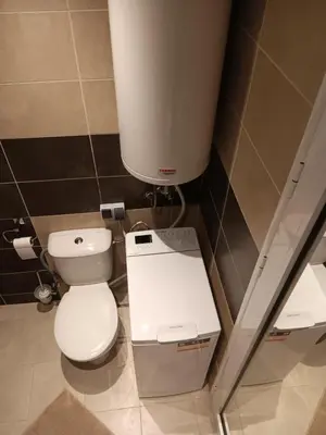 a bathroom with a toilet and a water tank at Royal Palm Studio, Sveti Vlas in Sveti Vlas