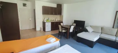 a small living room with a couch and a kitchen at Marina in Aheloy