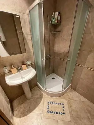 a bathroom with a shower and a sink at GreenStudio w Sveti Vlas in Sveti Vlas