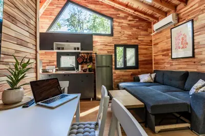 a living room with a couch and a table with a laptop at Lion's Forest in Atiya
