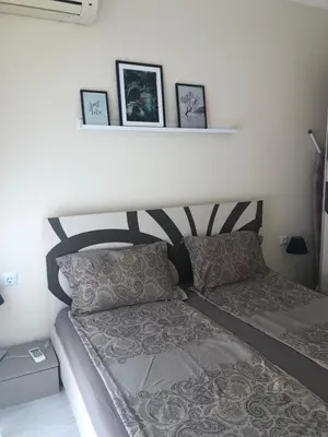 a bed in a bedroom with pictures on the wall at Apartment Alex Sveti Vlas in Sveti Vlas