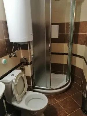 a bathroom with a toilet and a shower at MONASTERY Seafront Apartments in Sveti Vlas