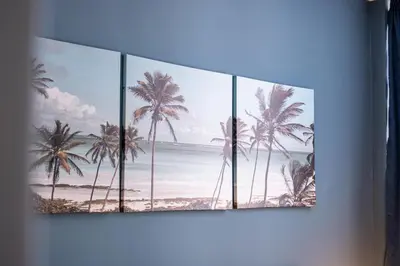 four palm trees on the beach canvas wall art print at Apartment Linda Cosy Getaway in Varna City