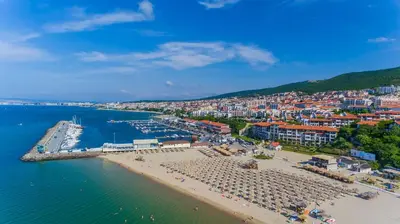 an aerial view of a beach and a harbor at Sea Vista Hotel in Sveti Vlas