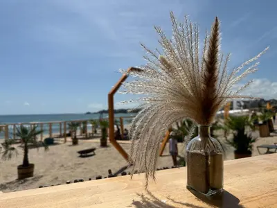 a bottle with feathers in it sitting on a table near the beach at Seaside Oasis Apartment in Lozenets
