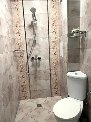 a bathroom with a shower with a toilet at Palms Studio in Sozopol, with free parking in Sozopol