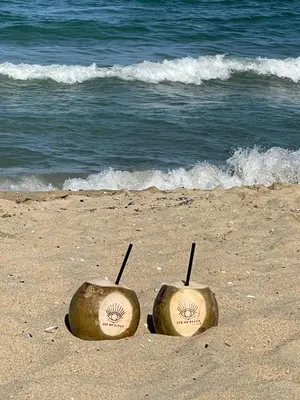 two halves of a coconut in the sand on the beach at Apartment in Long Beach in Shkorpilovtsi