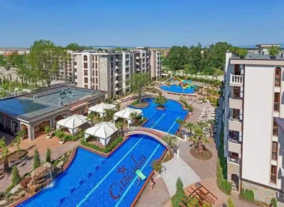 an aerial view of a pool at a resort at Студия в лучшем комплексе на Солнечном берегу in Sunny Beach