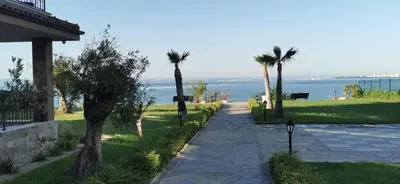 a walkway next to a house with palm trees at Aх, морето in Burgas City
