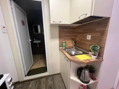 a small kitchen with a sink and a shower at Varna Central Sea Apartment in Varna City