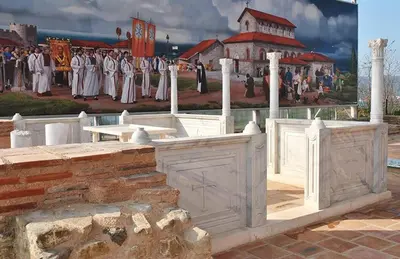 a painting of a temple with a group of priests at Nice 2 Bedrooms With Ocean View In Byala in Byala
