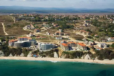 an aerial view of a resort on the beach at Nice 2 Bedrooms With Ocean View In Byala in Byala