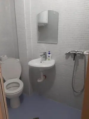 a bathroom with a toilet and a sink and a mirror at Apartment TINA in Varna City